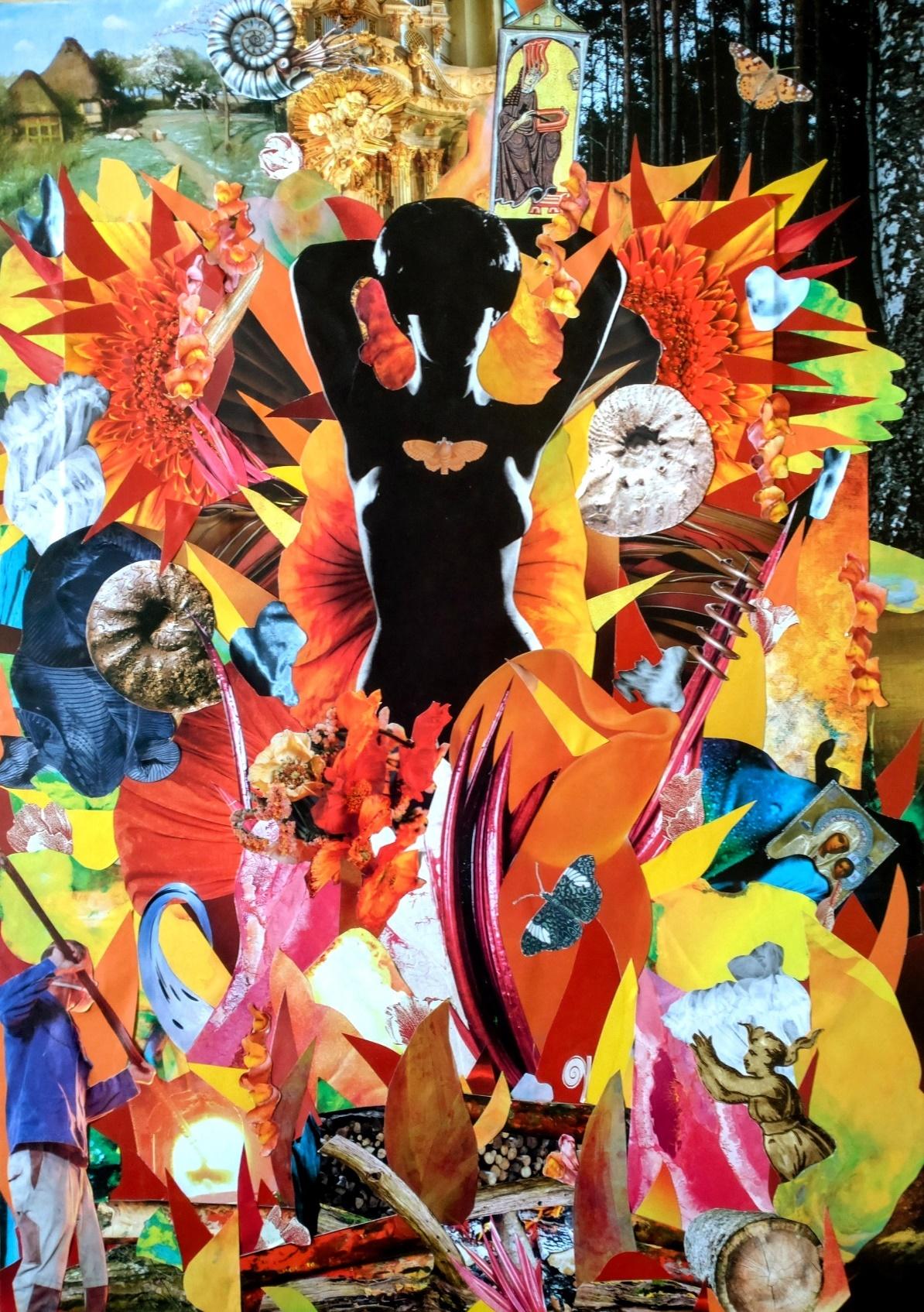 Auto-da-fé, 2024, a large analog collage with a black silhouette surrounded by flowers, butterflies and symbolic images.