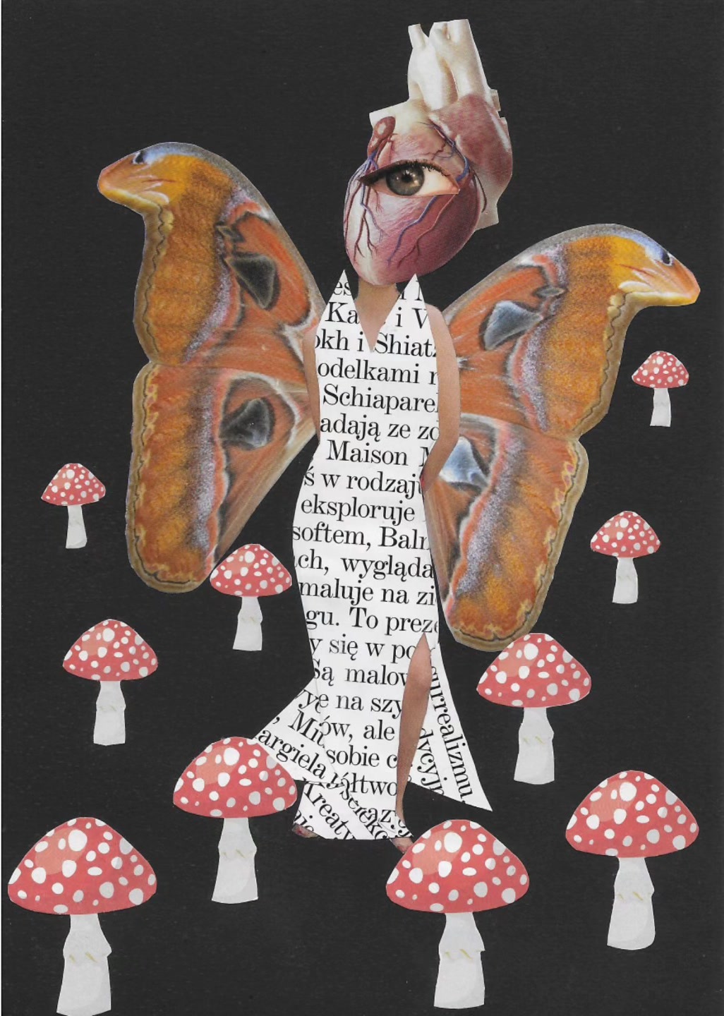 Miniatura 59, an A5 analog collage of a winged figure surrounded by red-and-white fly agaric mushrooms.