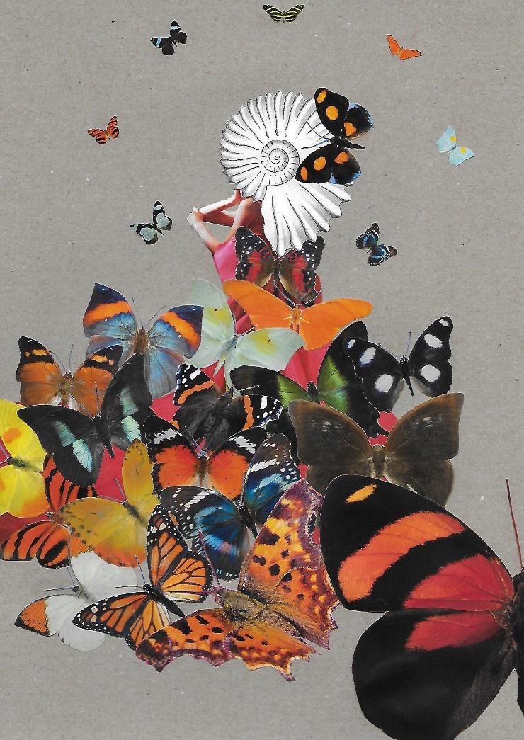 Butterfly Effect 3.0, 2024, a collage of butterflies gathering around a shell and a human figure.