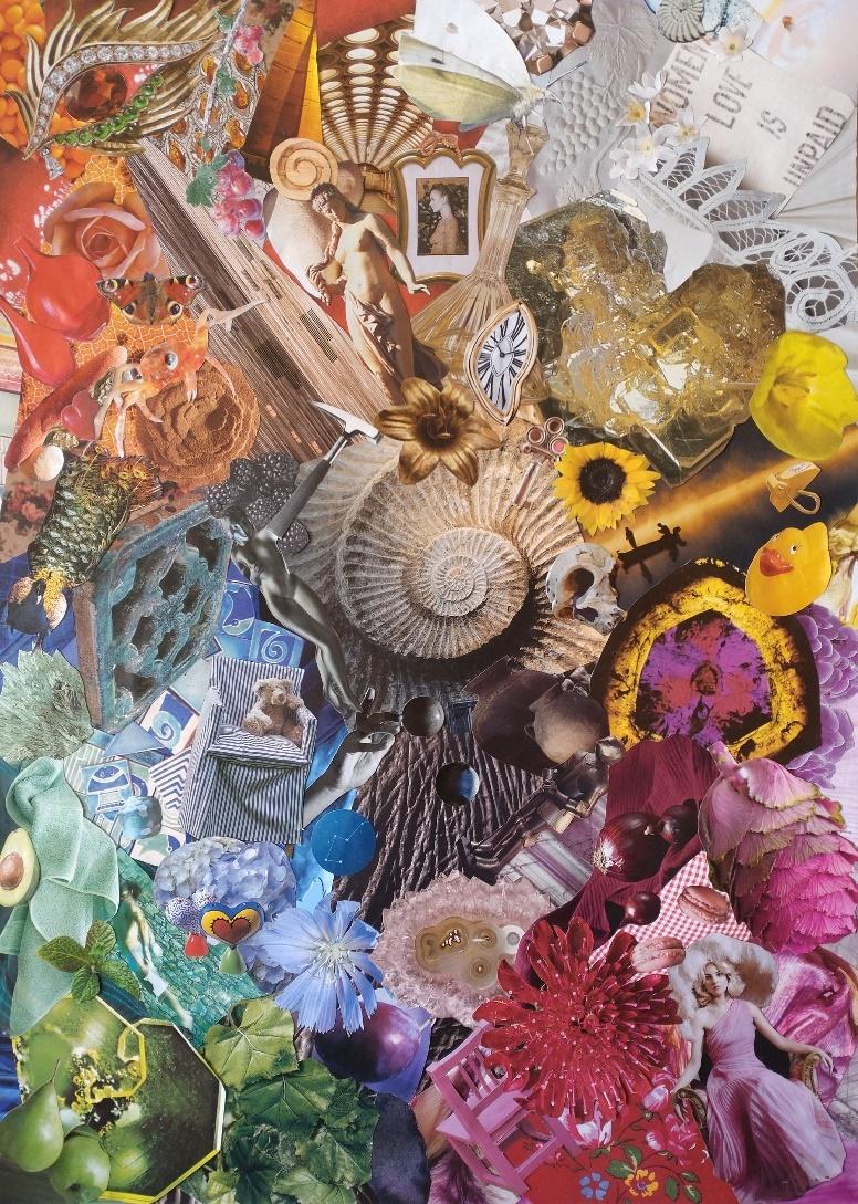 The Spiral 5, 2023, a large analog collage composed of shells, clocks, figures, flowers and found images.