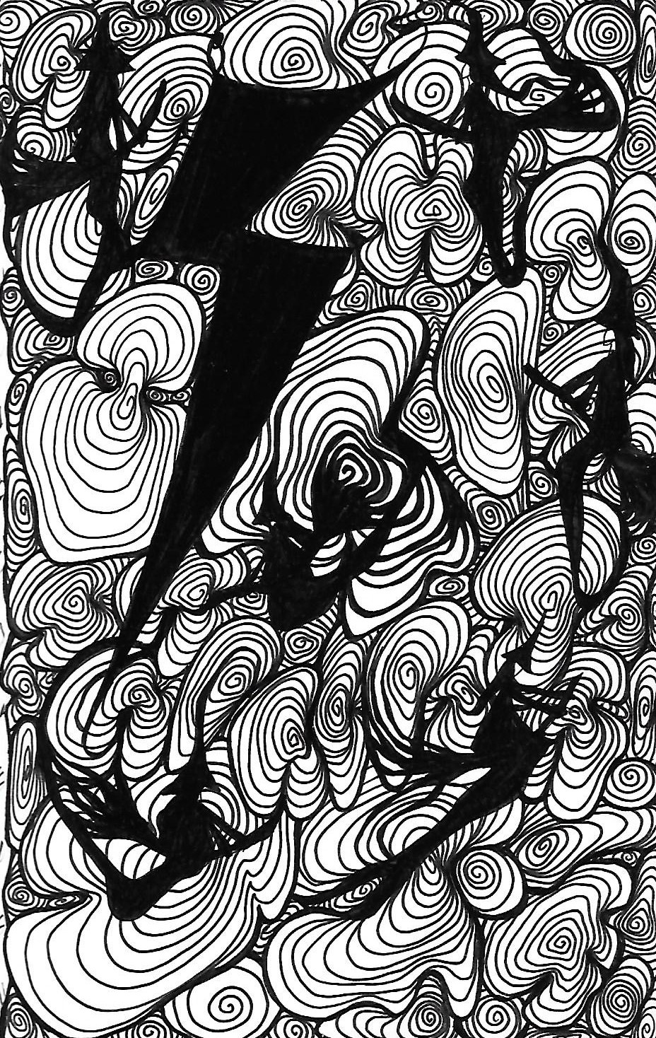 Spiraling 30, a black-and-white freehand drawing filled with spirals and dark figures.